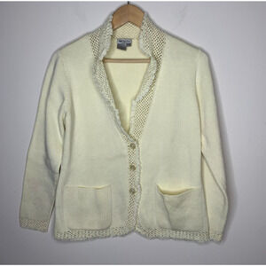 Worth Womens Size P Cardigan Sweater Ivory Pockets Grandmacore Crochet